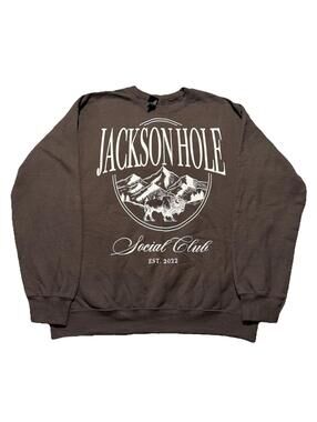 Jackson Hole Wyoming Crewneck Sweatshirt Social Club Brown Mountain Medium